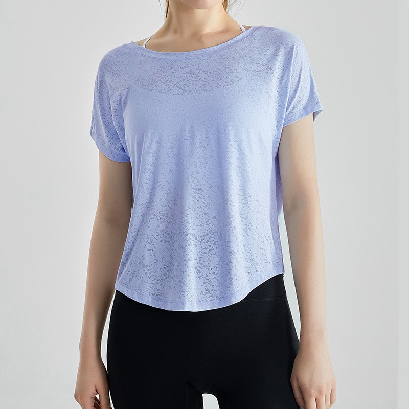 唯卡洛vincrox健身罩衫女夏速干宽松透气圆领提花后背开叉瑜伽短袖t恤女款 23064（单位：件） 水蓝M