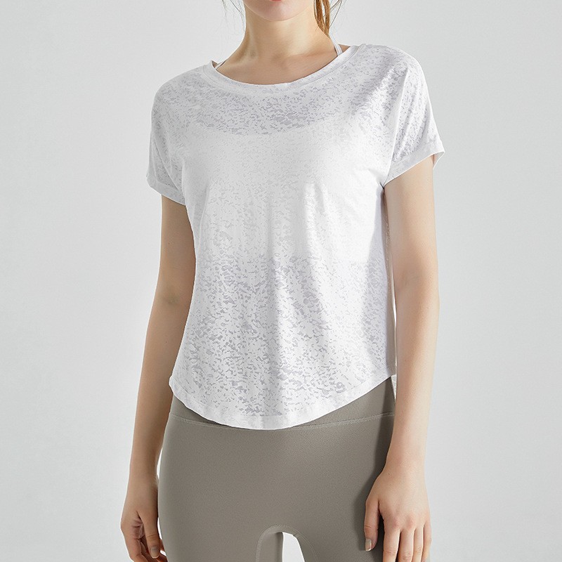 唯卡洛vincrox健身罩衫女夏速干宽松透气圆领提花后背开叉瑜伽短袖t恤女款 23064（单位：件） 纯净白M