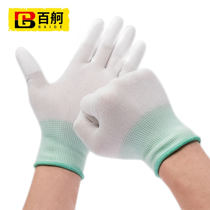 百舸 尼龙PU涂指  浸胶涂层透气手套 12双（单位：包） 白色