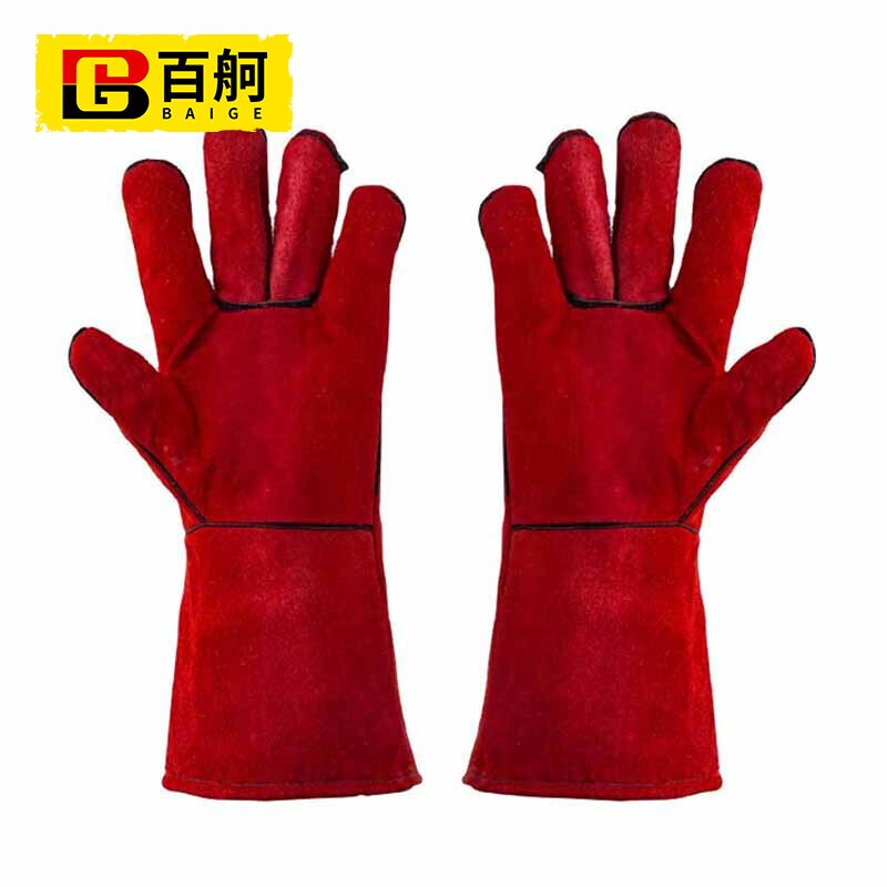 百舸牛皮加长电焊手套  防高温阻燃耐磨（红色）（单位：双） 红色