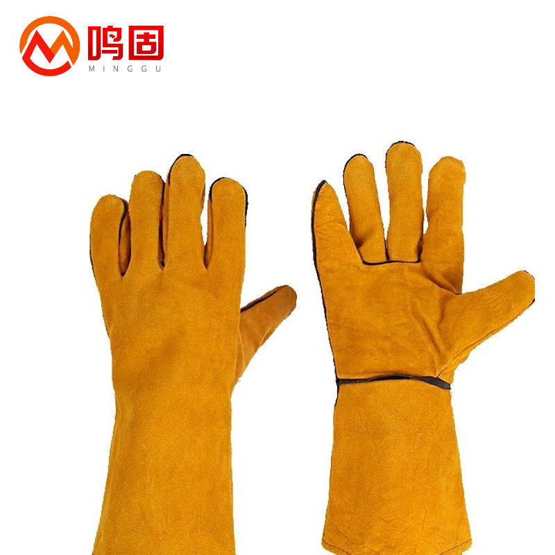 鸣固 电焊手套牛皮挂里加长加厚耐高温 一副（单位：副） 黄色