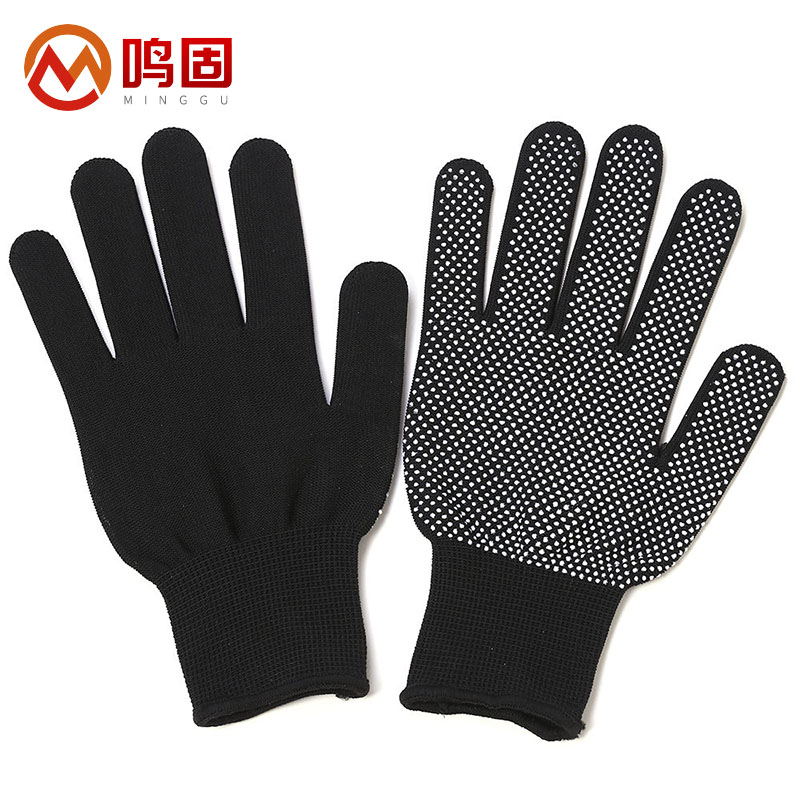 鸣固 尼龙点胶手套 耐磨防滑12双 黑色（单位：包） 黑色