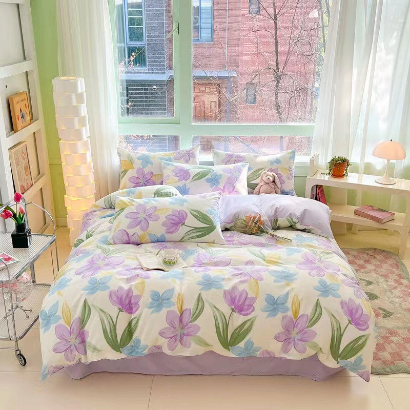 乔德家纺全棉印花四件套-清新 紫色