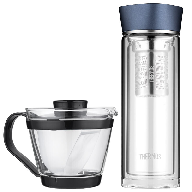 THERMOS膳魔师400ml水杯+400ml茶壶双层玻璃杯商务套装礼盒TCGB-400（单位：个） 蓝色