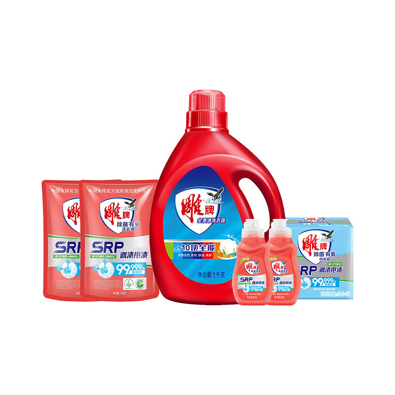 雕牌除菌有氧清洁套装ZS0184（洗衣液1kg+洗衣液100g*2+洗衣液80g*2+内衣皂100g 混色