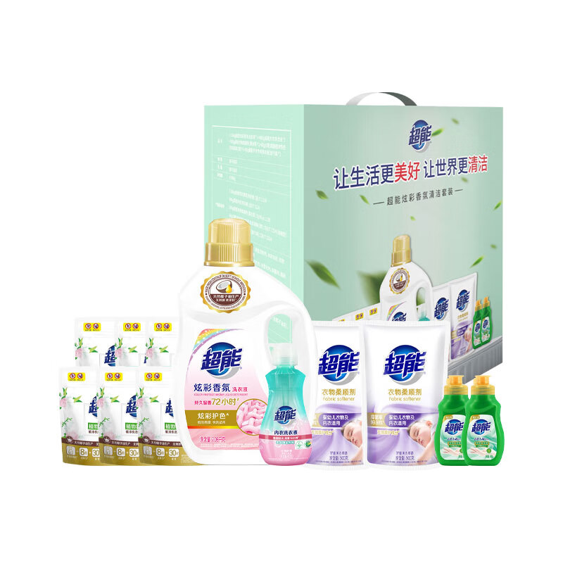 超能炫彩香氛清洁套装ZS0465（洗衣液2.08kg+内衣净480g+柔顺剂500g*2+凝珠60g 混色