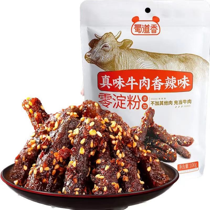 蜀道香  肉干肉脯 手撕牛肉特产小吃 真味香辣牛肉100g*4袋 莓果色