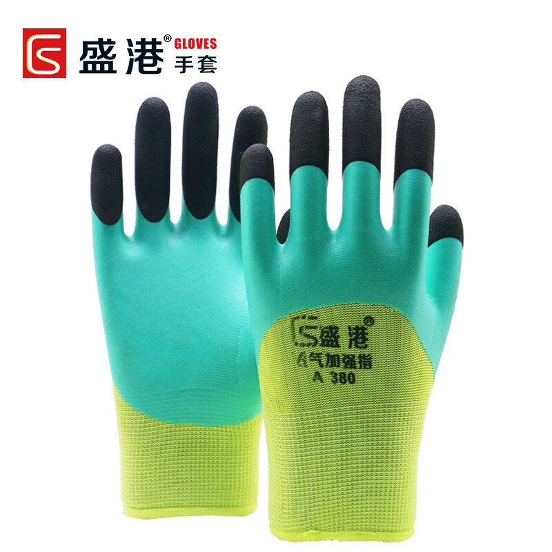 盛港（SHENGGANG）A380透气加强指手套耐磨耐油防滑透气 均码12付/包 单位：付 松石绿
