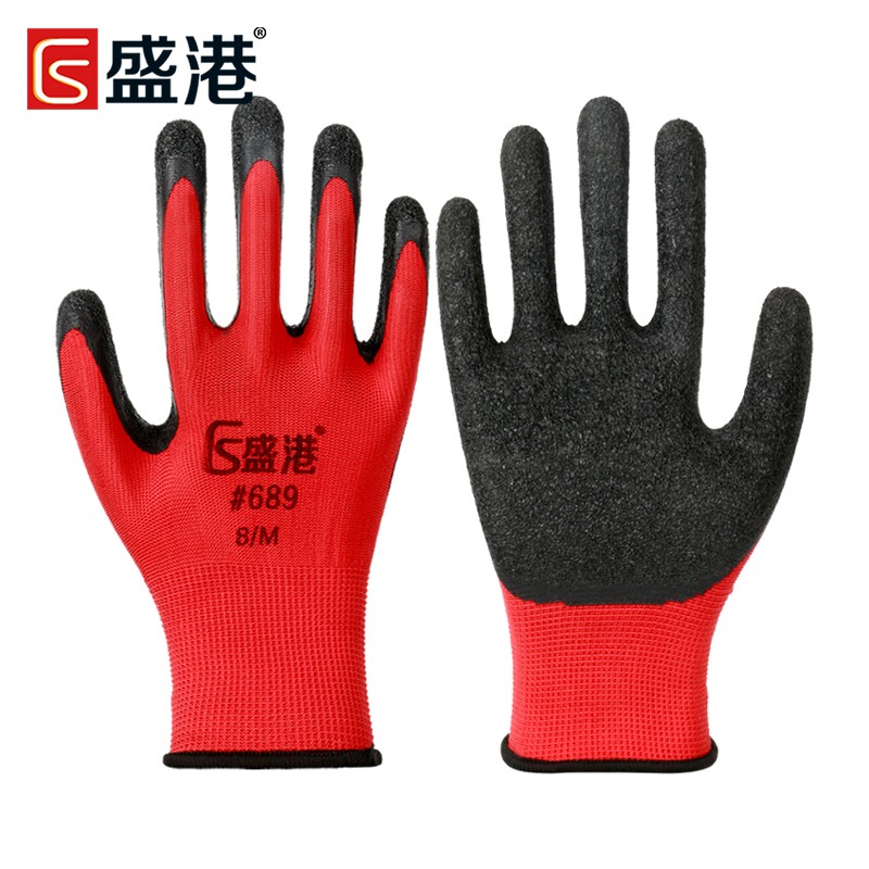 盛港 劳保手套 耐磨防滑乳胶手套橡胶透气加厚皱纹劳动工作工地#689 红黑（12双）单位：付 小恐龙