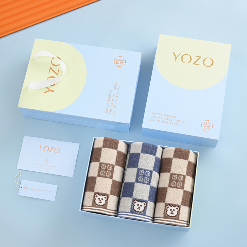 优竹世家YOZO新疆长绒棉5A抗菌A类毛巾3条装礼盒--本色熊-1 混色