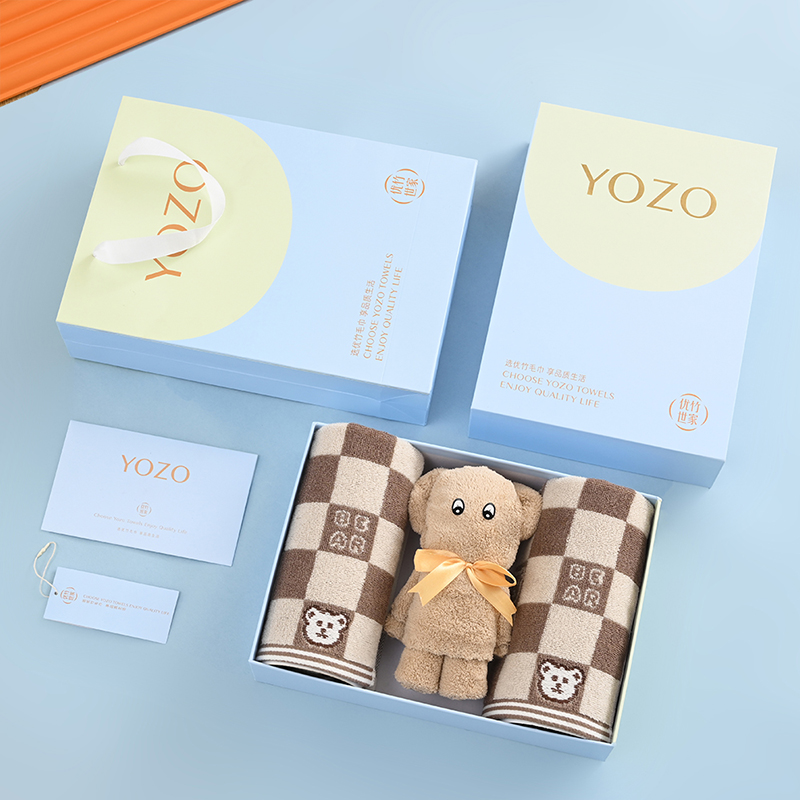 优竹世家YOZO新疆长绒棉5A抗菌A类毛巾2条精梳绒小熊毛巾1条组合套装--本色熊-2 混色