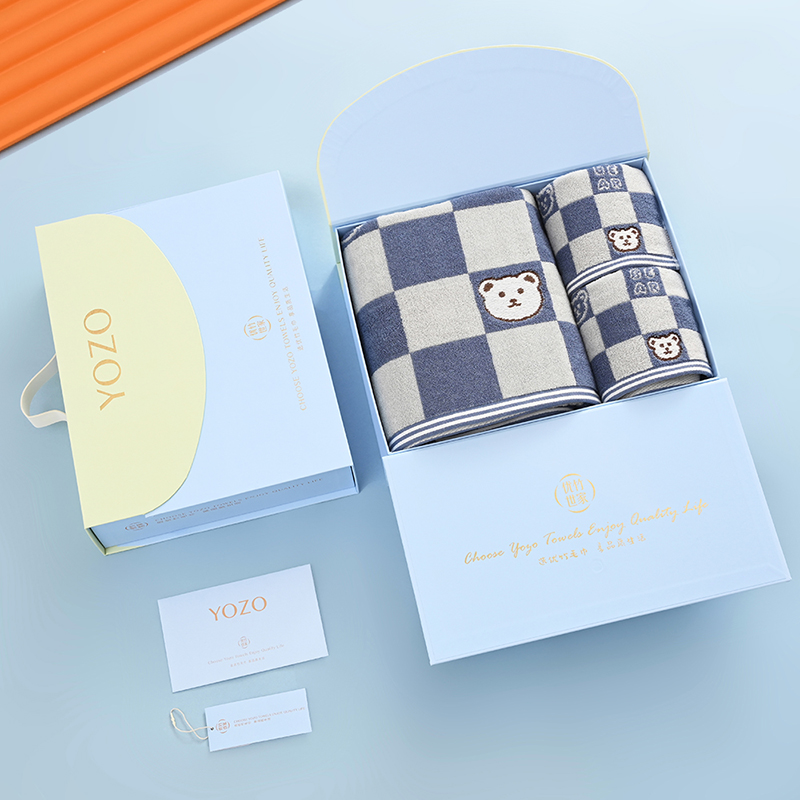 优竹世家YOZO新疆长绒棉5A抗菌A类毛巾浴巾三件套装礼盒--本色熊-3 混色