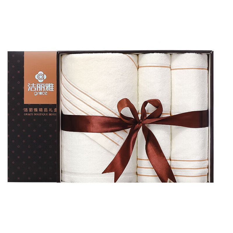 洁丽雅Grace A类抗菌毛巾浴巾礼盒三件套 纯棉加厚成人男女洗脸巾礼盒套装单位：套 米色