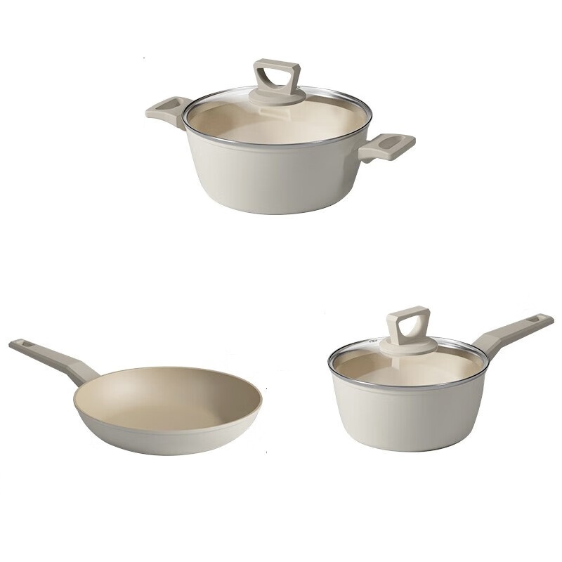 帝伯朗泡面锅炒菜平底煎锅辅食锅组合套装 潮趣系列 流光锆白三件套组合（单位：套） 白色