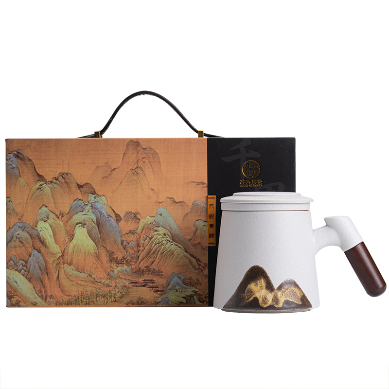 苏氏陶瓷（SUSHI CERAMICS）J0698办公杯手绘釉画彩千里江山带过滤聚财杯（单位：个） 白色