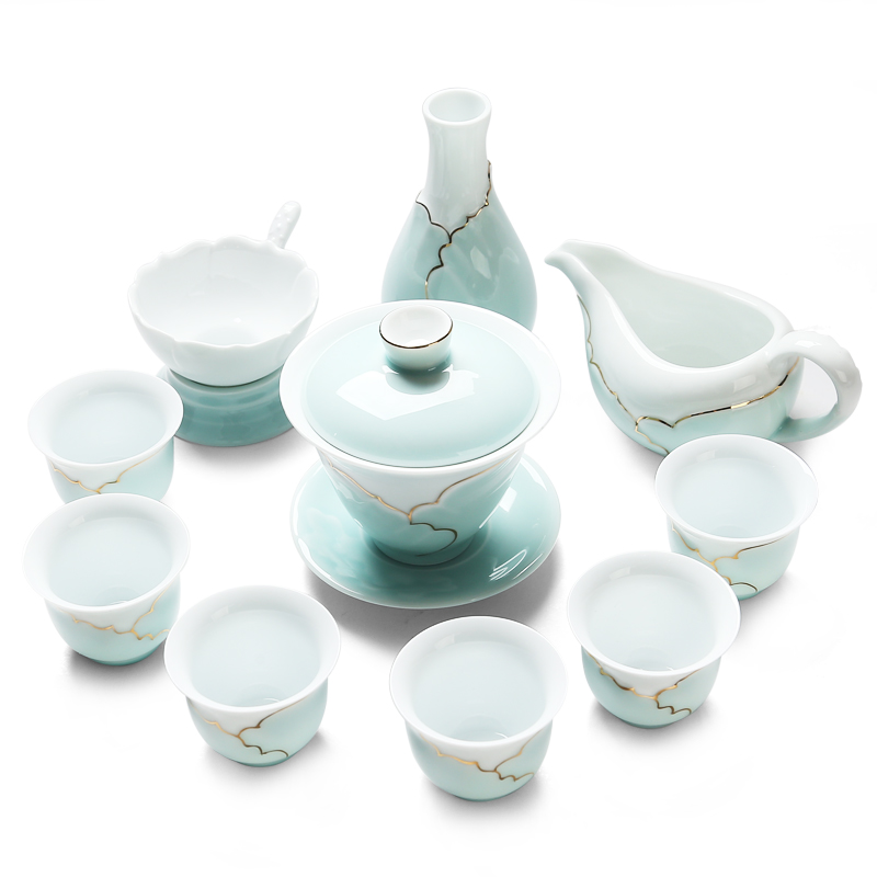 苏氏陶瓷（SUSHI CERAMICS） J0016茶具套装忆荷手绘描金盖碗茶杯10头（单位：套） 青瓷