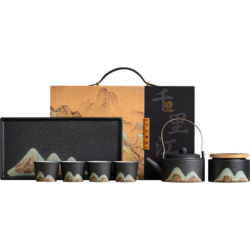苏氏陶瓷（SUSHI CERAMICS）J0182整套茶具手绘彩画提梁壶茶杯干泡盘7件（单位：套） 曜石黑