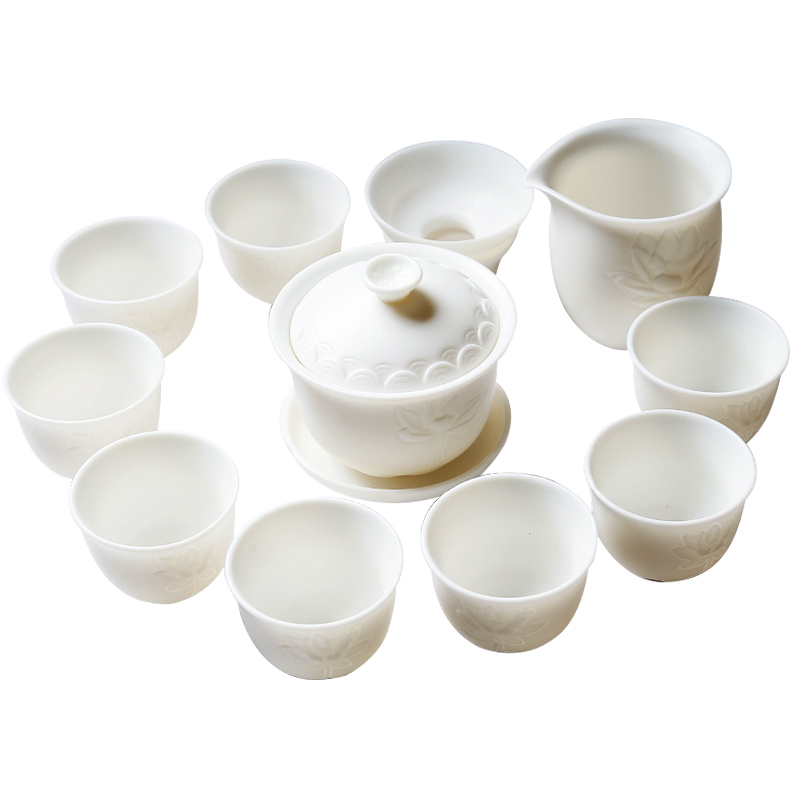苏氏陶瓷（SUSHI CERAMICS）J0202-1茶具套装白瓷哑光莲花盖碗茶杯11头（单位：套） 白色