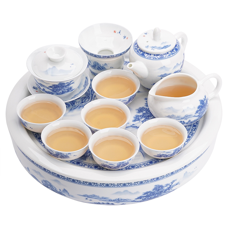 苏氏陶瓷（SUSHI CERAMICS）J0429茶具套装白瓷青花盖碗茶壶茶杯茶盘礼盒装（单位：套） 白色