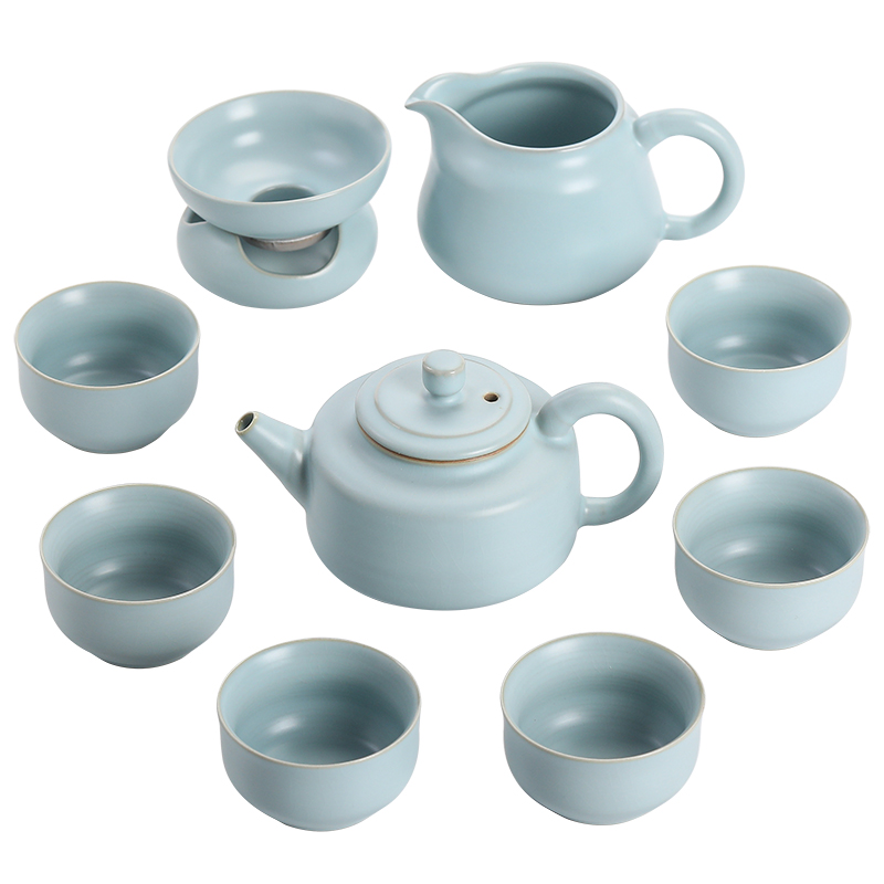 苏氏陶瓷（SUSHI CERAMICS）汝窑茶具套装可开片可养汝瓷功夫茶具10头礼盒装（钟德壶款） 水蓝色