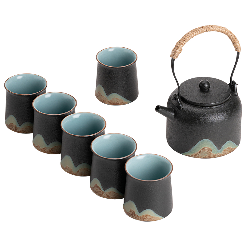 苏氏陶瓷（SUSHI CERAMICS）J0564茶具套装手绘山水画提梁壶6茶杯礼盒装（单位：套） 黑色