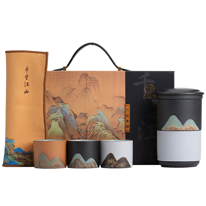 苏氏陶瓷（SUSHI CERAMICS）J0713茶具套装手绘釉画彩手抓壶茶杯礼盒装（单位：套） 黑白棕