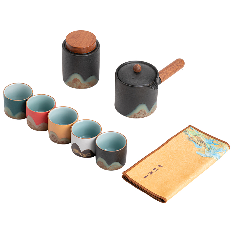 苏氏陶瓷（SUSHI CERAMICS）J0924釉画彩千里江山侧把壶五色杯礼盒装（单位：套） 混色
