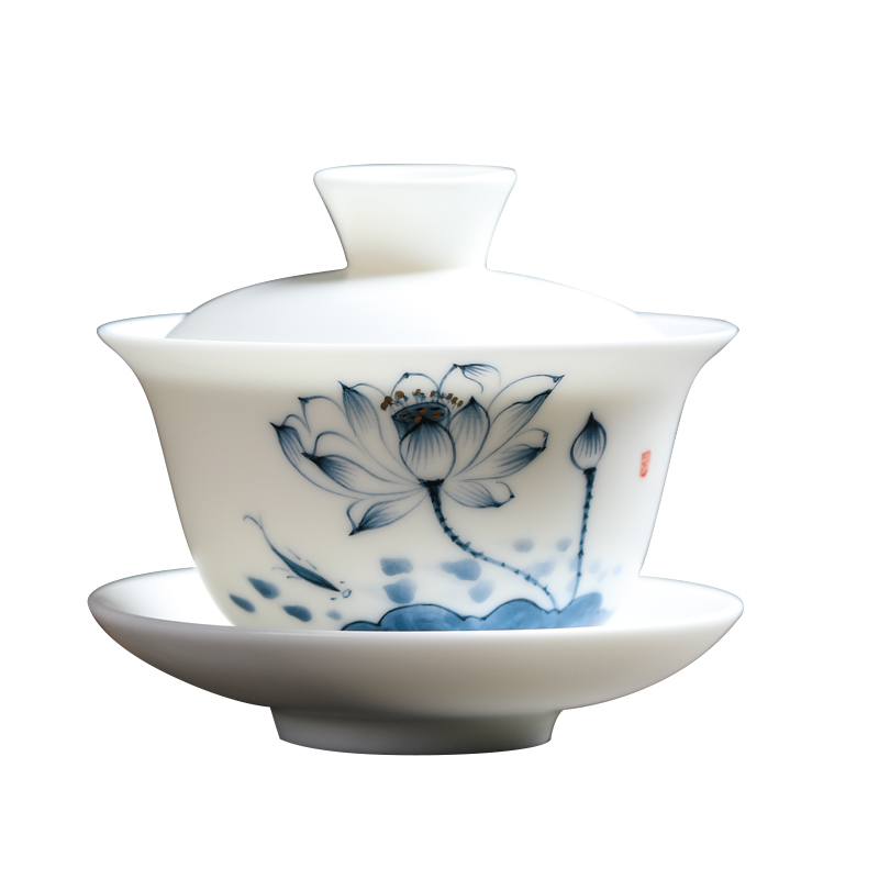 MULTIPOTENT元青 YQ-YQ-GW-202110-05盖碗手绘蓝莲花三才盖碗（单位：个） 白色