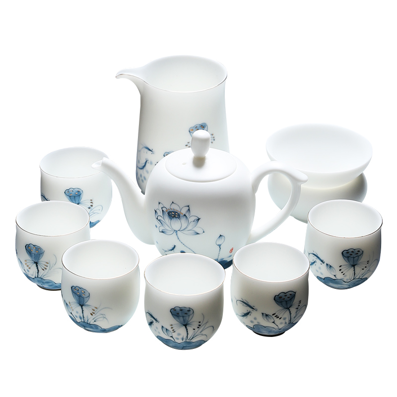 MULTIPOTENT元青 YQ-YQ-ZTCJ-202201-10茶具套装中国白手绘荷花茶壶茶杯 白色