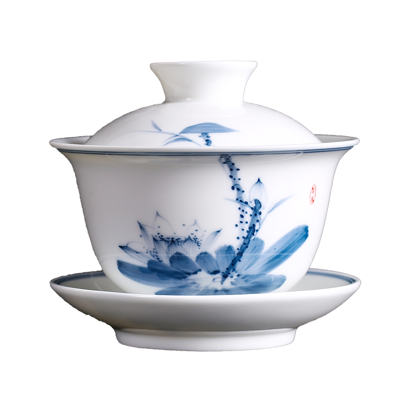 MULTIPOTENT元青 YQ-CJSQ-GW-201910-04盖碗手绘青花荷薄胎三才盖碗/个 白色