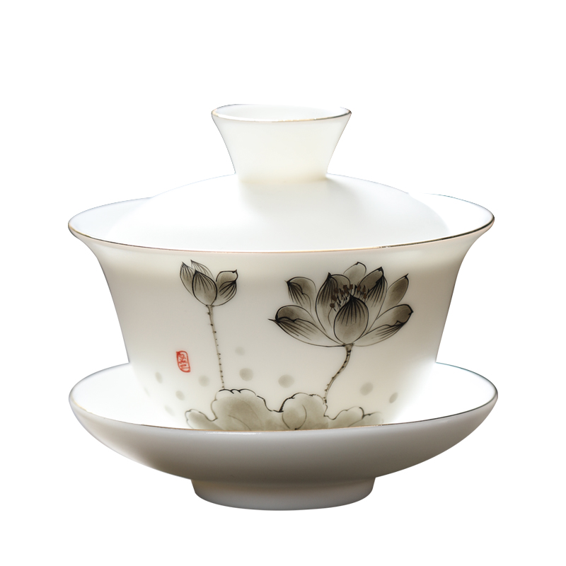 MULTIPOTENT元青 YQ-YQ-GW-202205-14盖碗手绘墨彩荷花薄胎三才盖碗礼盒 白色