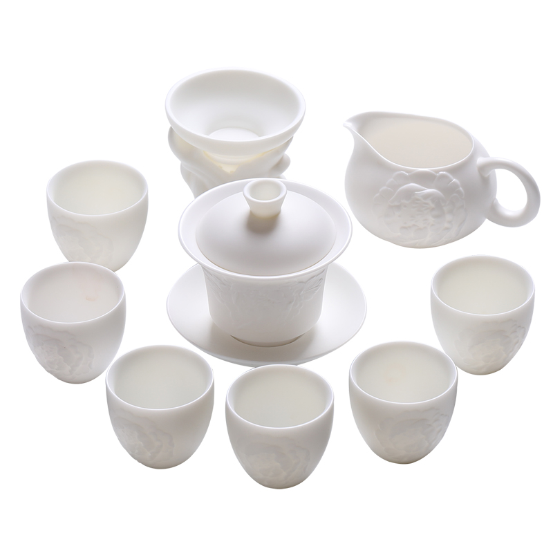 MULTIPOTENT元青 YQ-LXC-ZTCJ-202104-02茶具套装中国白浮雕牡丹盖碗6杯 白色