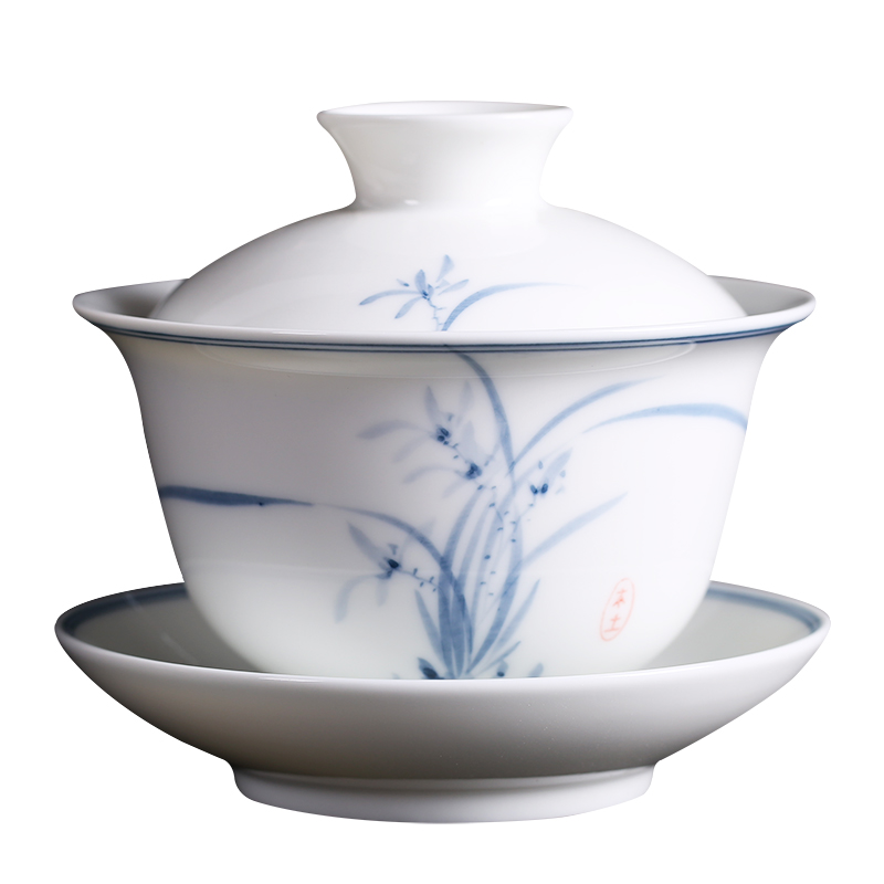 MULTIPOTENT元青 YQ-CJSQ-GW-201910-03盖碗手绘青花兰花薄胎三才盖碗/个 白色