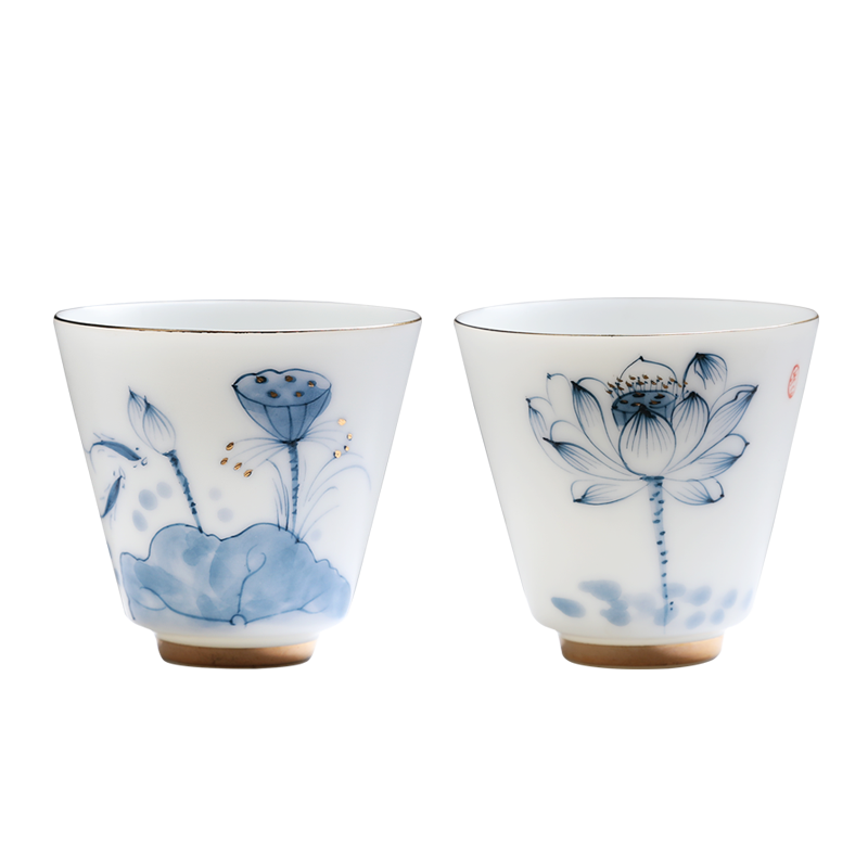 MULTIPOTENT元青 YQ-YQ-CB-202105-01茶杯羊脂玉瓷手绘青莲直口杯（2个装） 白色