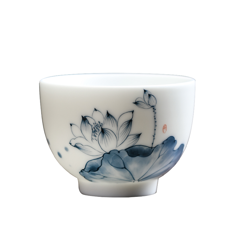 MULTIPOTENT元青 YQ-YQ-CB-202110-08茶杯手绘陶瓷蓝莲花花草钟杯礼盒装/个 白色