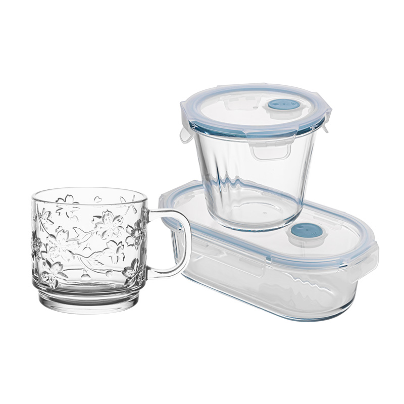 乐唯诗乐溢椭圆保鲜碗汤碗樱花把杯三件套 饭盒850ml+汤碗650ml+杯460ml 水蓝色