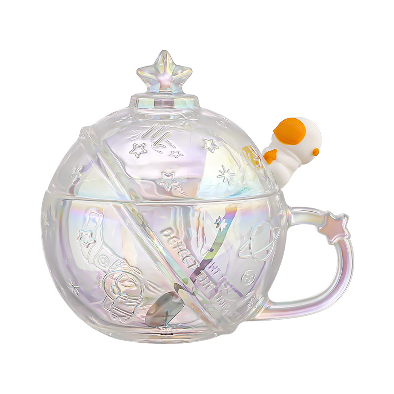 乐唯诗玻璃水杯带盖勺星空杯联名早餐杯牛奶杯果汁杯冰激凌杯果茶杯 星球杯320ml*1只 粉色