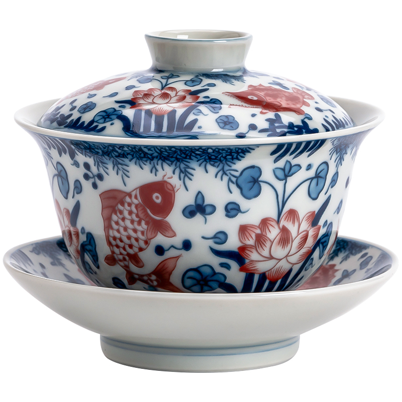 苏氏陶瓷（SUSHI CERAMICS）J0457盖碗国潮青花釉红鲤鱼三才盖碗（单位：个）  