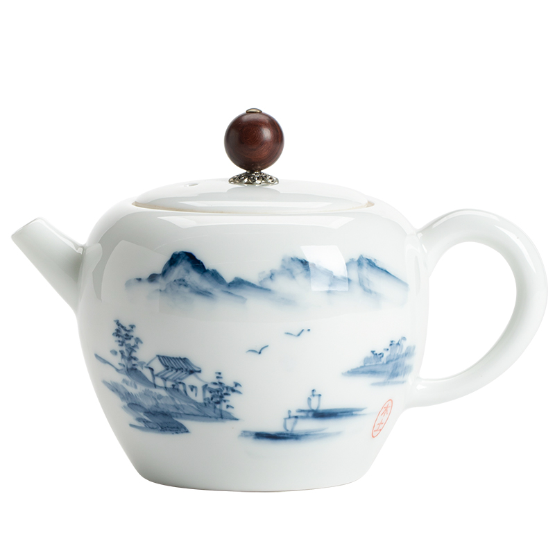 苏氏陶瓷（SUSHI CERAMICS）J0488泡茶壶手绘国潮山水画陶瓷茶壶220ML（单位：个） 白色