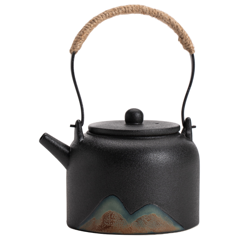 苏氏陶瓷（SUSHI CERAMICS）J0486提梁茶壶复古粗陶山闻水画茶壶350ML（单位：个） 黑色