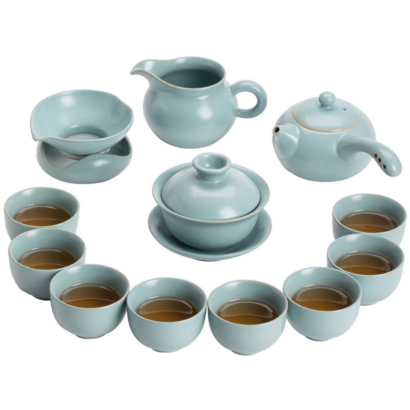 苏氏陶瓷（SUSHI CERAMICS）J0511茶具套装汝窑侧把壶盖碗茶杯礼盒装（单位：套） 水蓝色