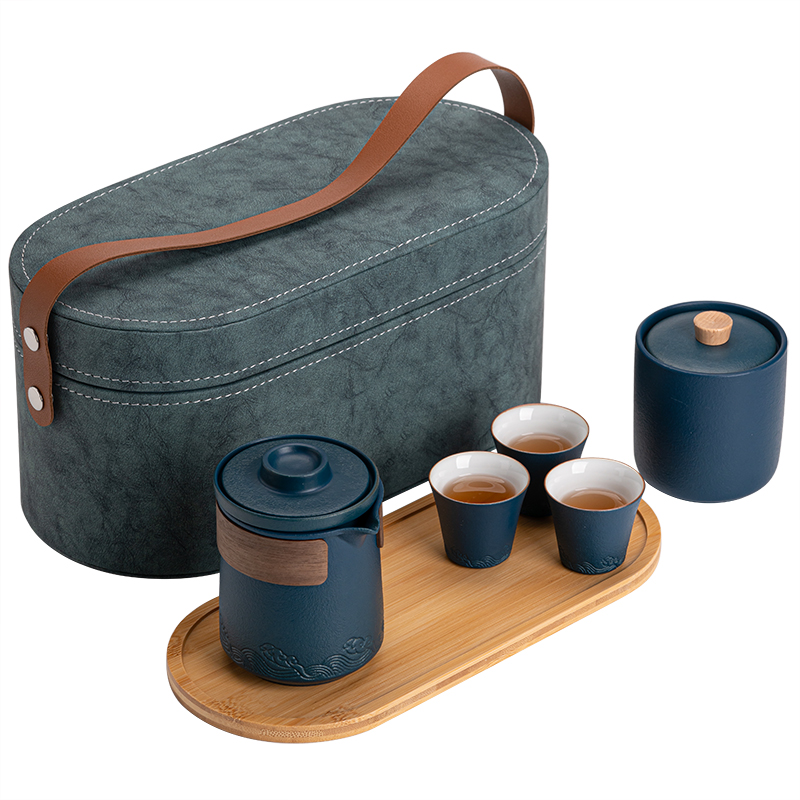 苏氏陶瓷（SUSHI CERAMICS）J0626旅行茶具山水快客杯便携包（蓝）（单位：套） 宝石蓝