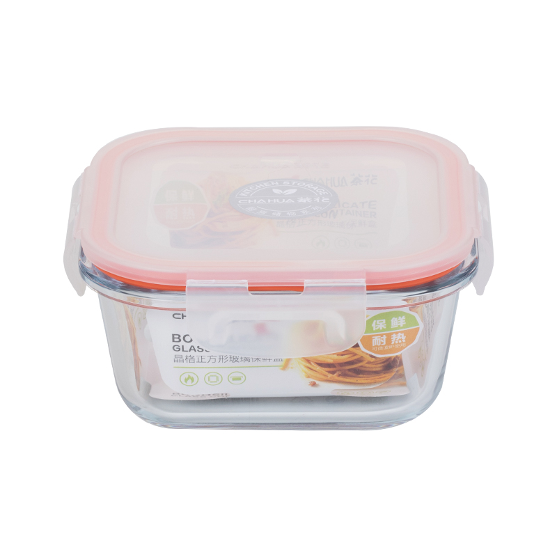 茶花晶格正方形玻璃保鲜盒500ml   001003/个 混色