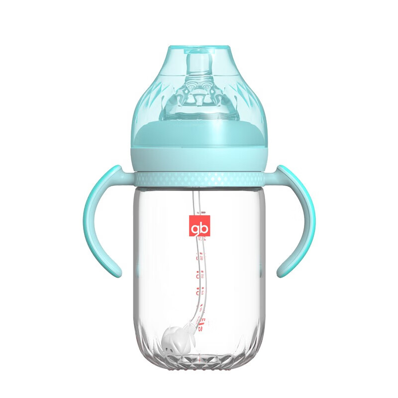 好孩子宽口径握把吸管玻璃奶瓶 铂金系列 孔雀蓝260ml  B80491单位：个 天蓝色