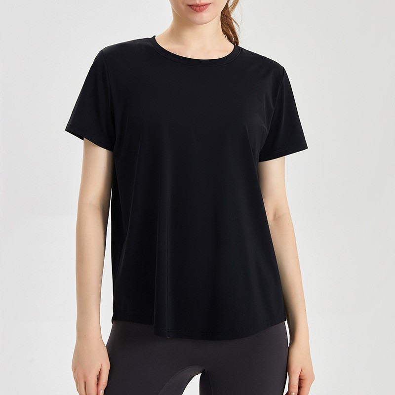 唯卡洛 运动速干衣短袖女T恤健身宽松透气网纱拼接凉感后开叉瑜伽服上衣24064 单位：件 时尚黑 S