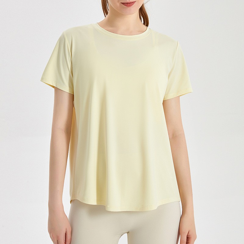 唯卡洛 运动速干衣短袖女T恤健身宽松透气网纱拼接凉感后开叉瑜伽服上衣24064 单位：件 奶油黄 XL