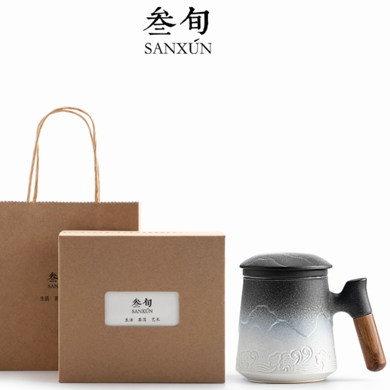 叁旬山海观泡茶马克杯茶杯家用陶瓷杯带盖办公室过滤水杯茶水分离杯子山海观泡茶杯【白砂釉】（单位：个） 黑色