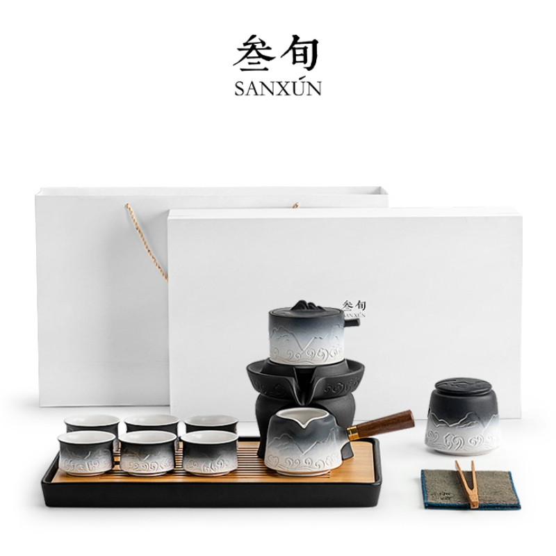叁旬山海观自动功夫茶具套装家用懒人泡茶神器茶壶礼盒山海观自动茶具白砂釉+茶盘（单位：套） 白色