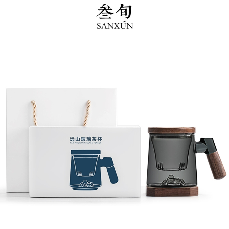 叁旬日式玻璃远山水杯加厚耐热办公室泡茶杯茶水分离个人专用喝茶杯远山玻璃茶杯【胡桃木】（单位：个） 褐色