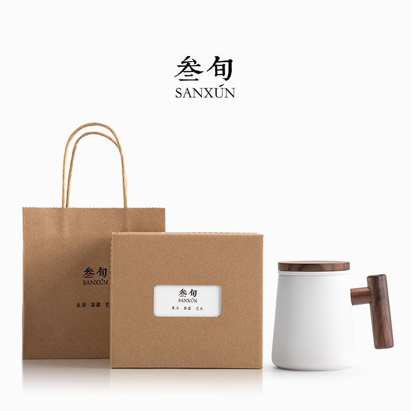 叁旬 羊脂玉瓷泡茶杯分离过滤茶水男女马克杯办公室家用送礼盒 羊脂玉瓷_初笙杯_胡桃木（单位：个） 本白色